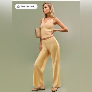 Reformation Gale Satin Pants in Sunshine + Rylie Cotton Sweater Tank in Parmesan